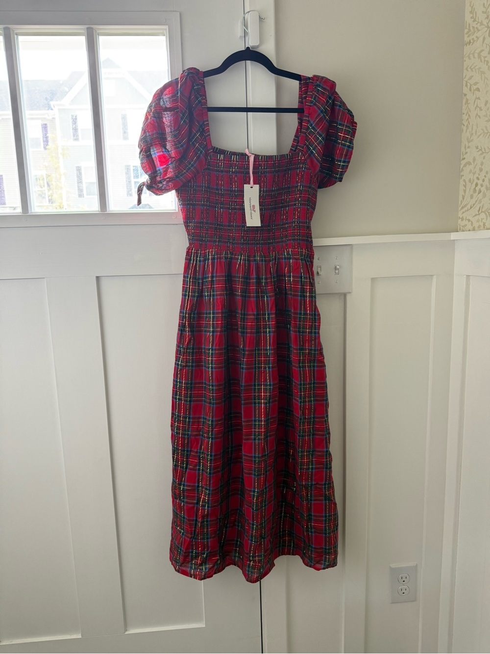 Vineyard Vines Red Plaid Square-Neck Puff-Sleeve Midi Dress